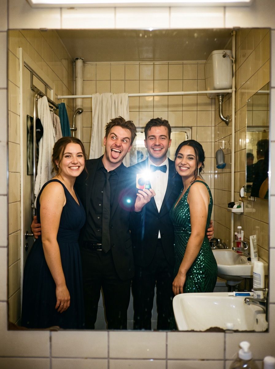 Wedding guests in a bathroom mirror photo